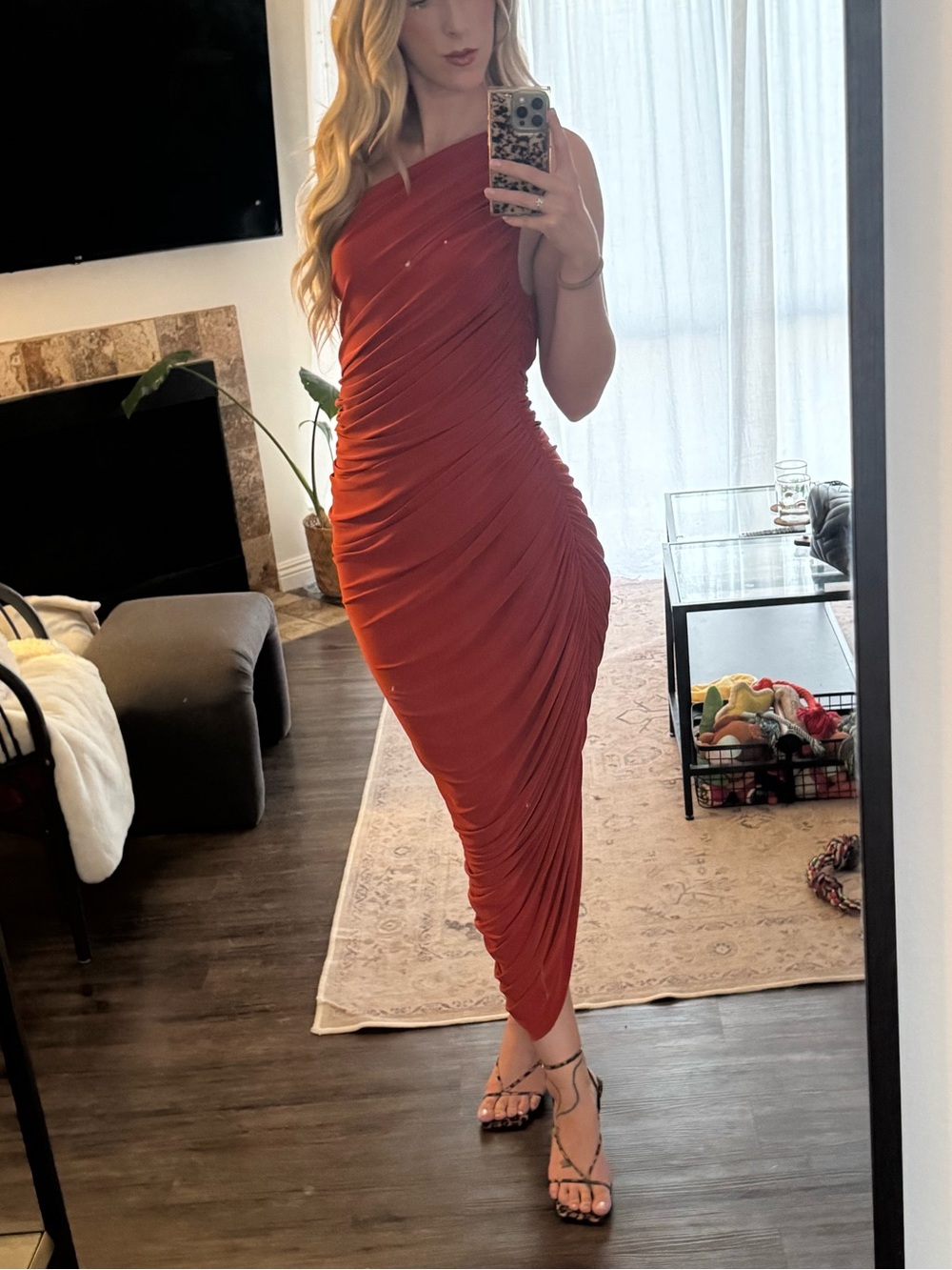 Norma Kamali One-Shoulder Ruched Midi Dress in Rust